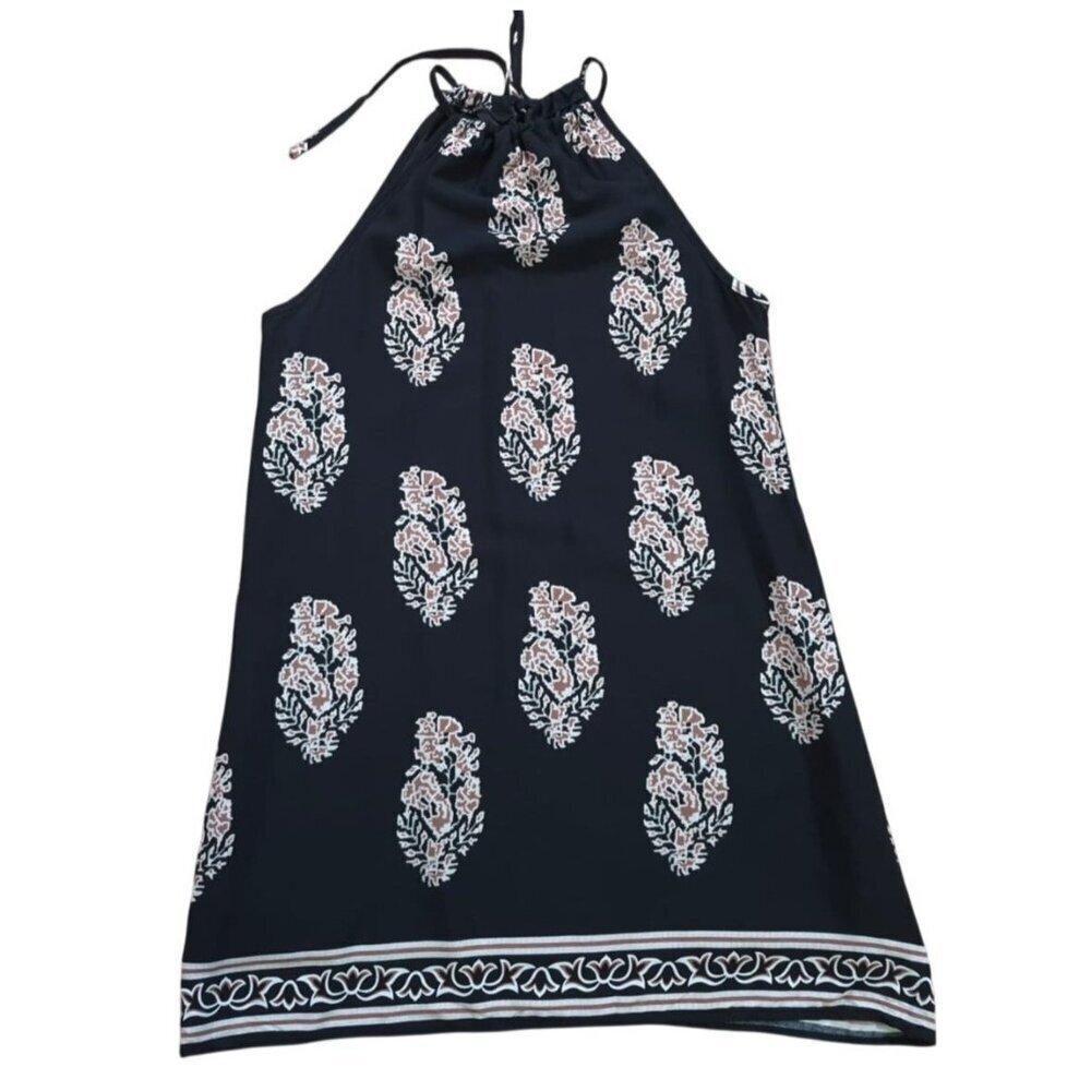 Black Floral Halter Dress Womens XS Sleeveless Tie Back Summer Boho Mini Dress